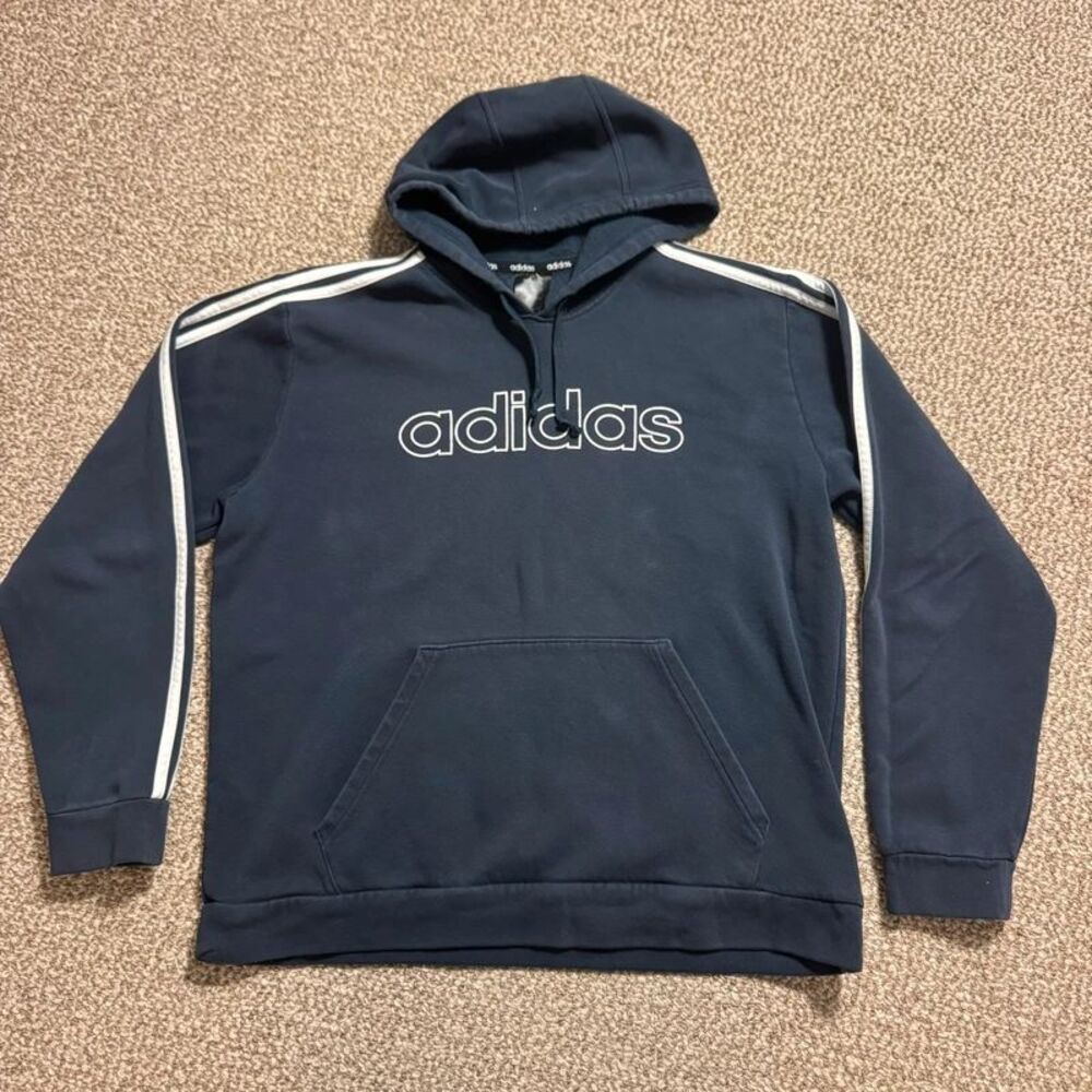 Adidas 3-Stripe Pullover Hoodie Navy Blue Big Logo Men's Size Large